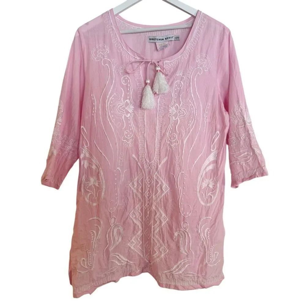 Gretchen Scott pink embroidered tassel tie tunic blouse size large